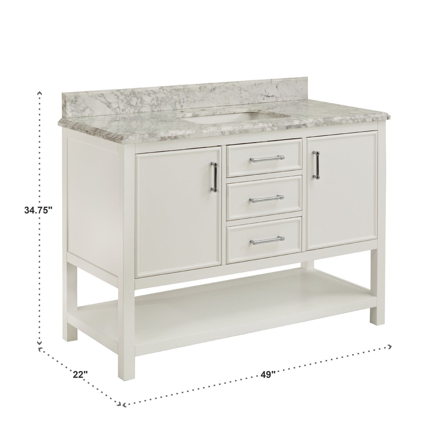 Bathroom Sink Vanity with White Marble Veneer Stone Top - 48", Single Sink, White with Chrome Finish Hardware