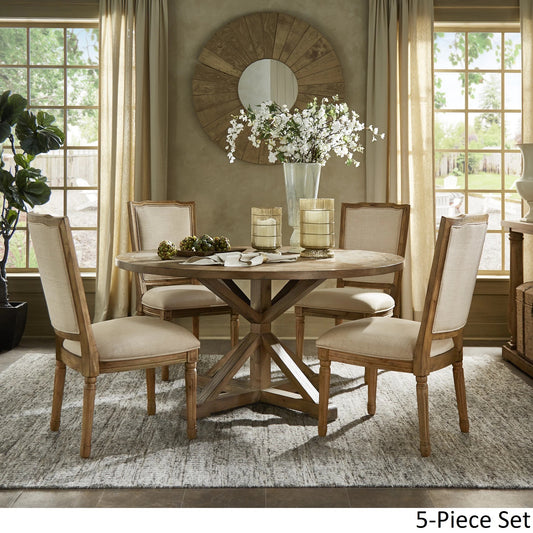 Round 5-Piece Dining Set - Beige Linen, Ornate Chair Backs