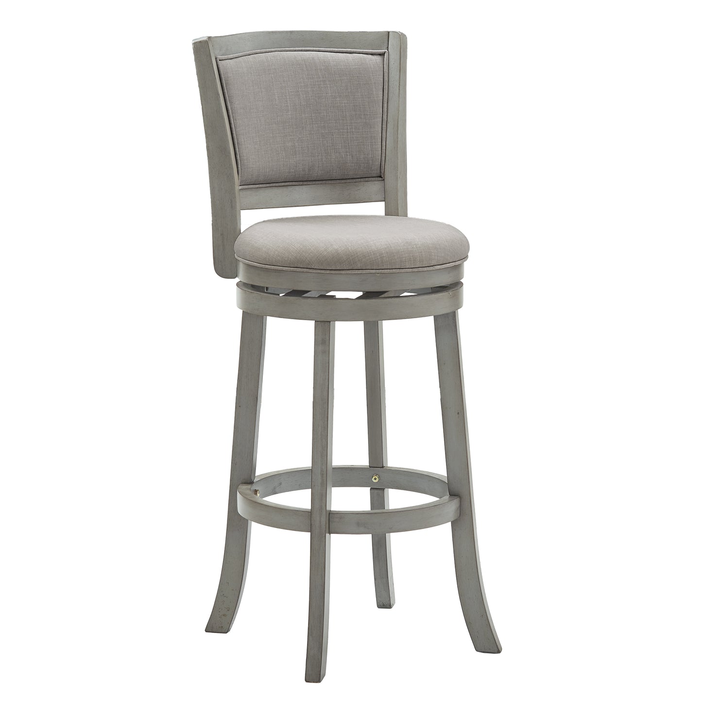 Upholstered Back Swivel Stool - 29" Bar Height, Antique Gray Finish, Gray Linen