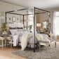 Metal Canopy Bed with Upholstered Headboard - Off-White Linen, Black Nickel Finish, King Size