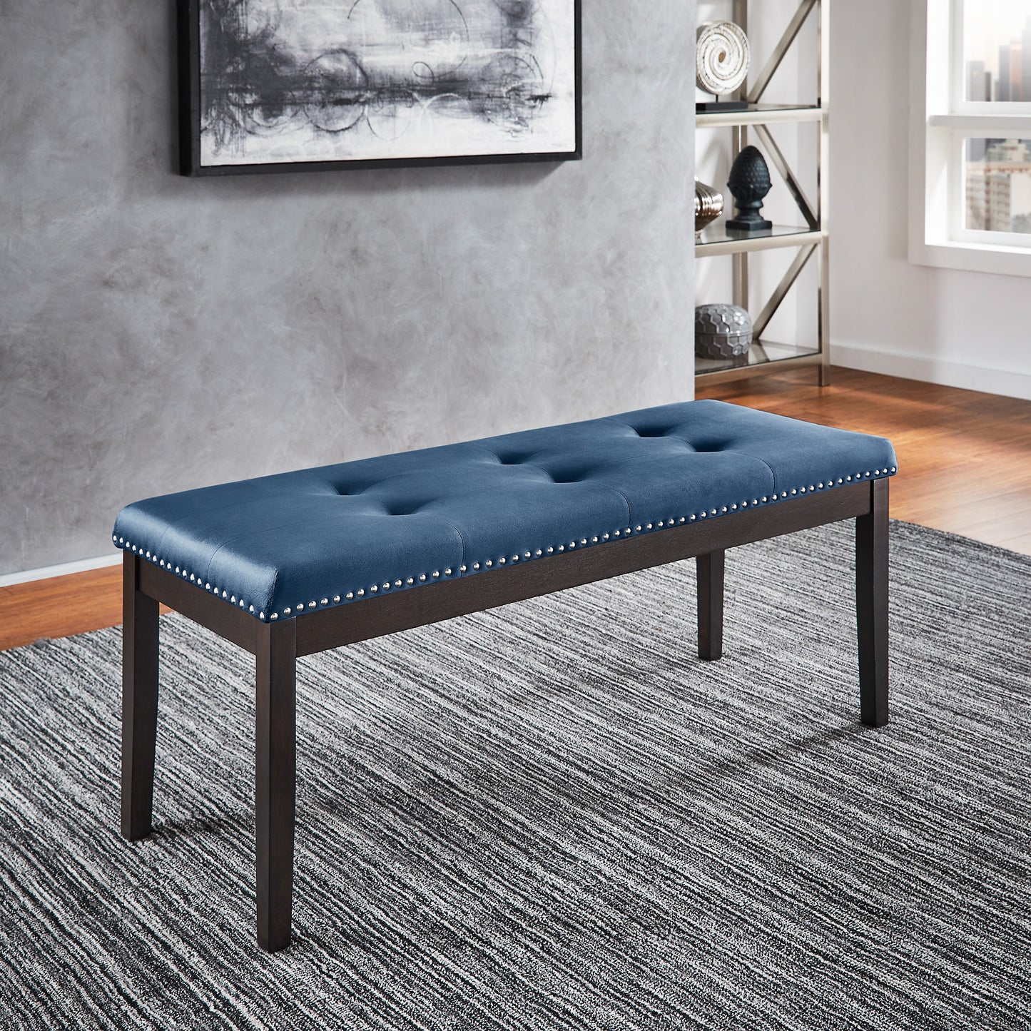 Velvet Tufted Nailhead Bench - Blue