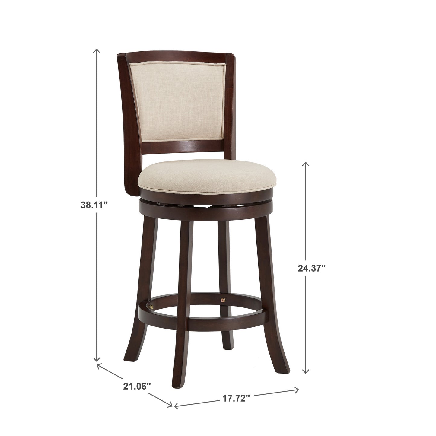 Upholstered Back Swivel Stool - 24" Counter Height, Dark Cherry Finish, Beige Linen