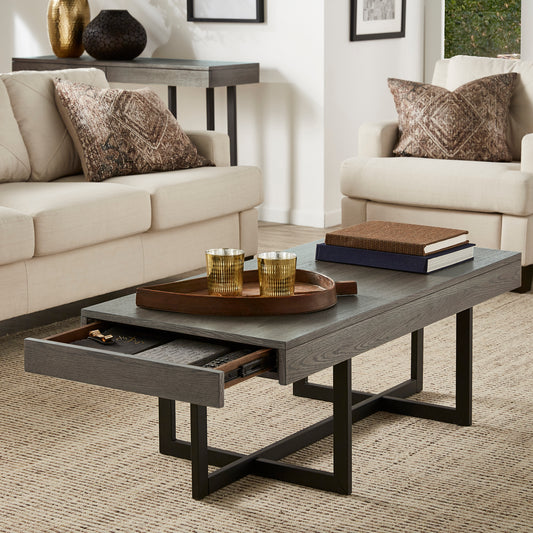 Wood Finish Tables with Drawers - Gray Finish, Coffee Table Only