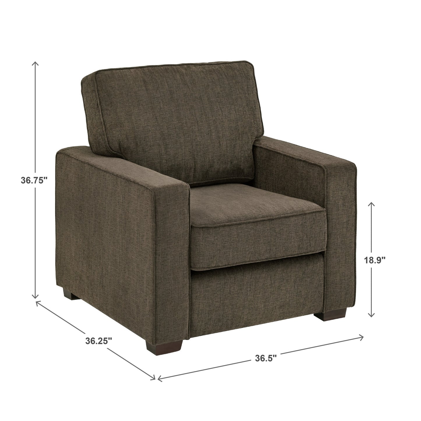 Modern Fabric Upholstered Square Arm Sofa Set - Living Room Chair, Loveseat and Sofa, Brown Chenille Fabric