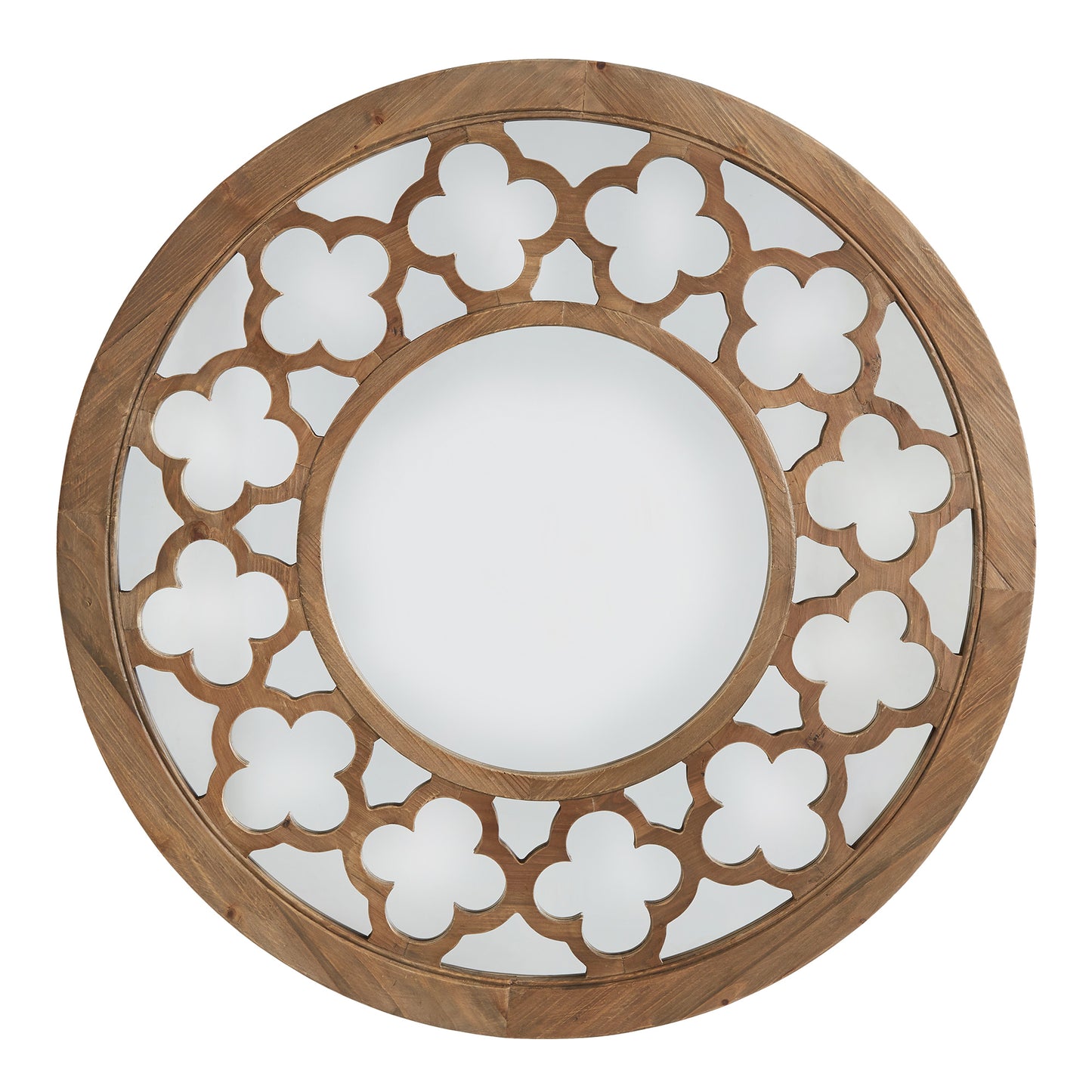 Reclaimed Wood Quatrefoil Cutout Round Wall Mirror