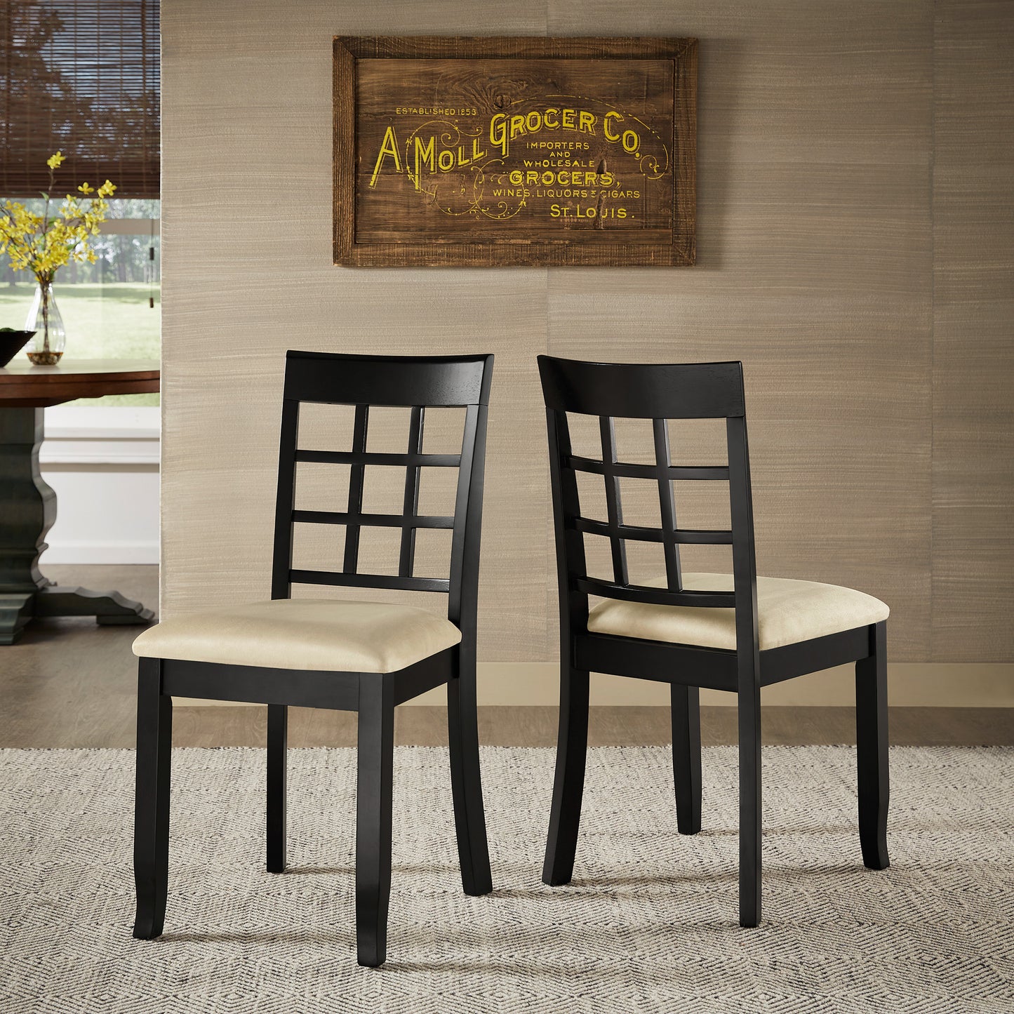 Black Wood Beige Microfiber Dining Chairs (Set of 2) - Window Back