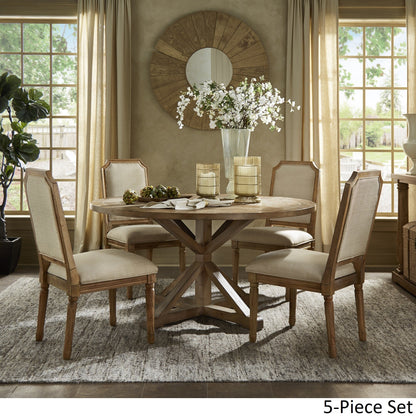 Round 5-Piece Dining Set - Beige Linen, Arched Bridge Chair Backs