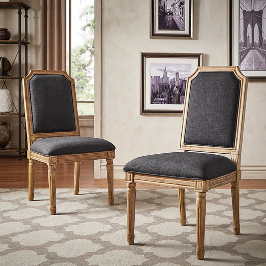 Arched Linen and Wood Dining Chairs (Set of 2) - Dark Gray Linan, Natural Finish