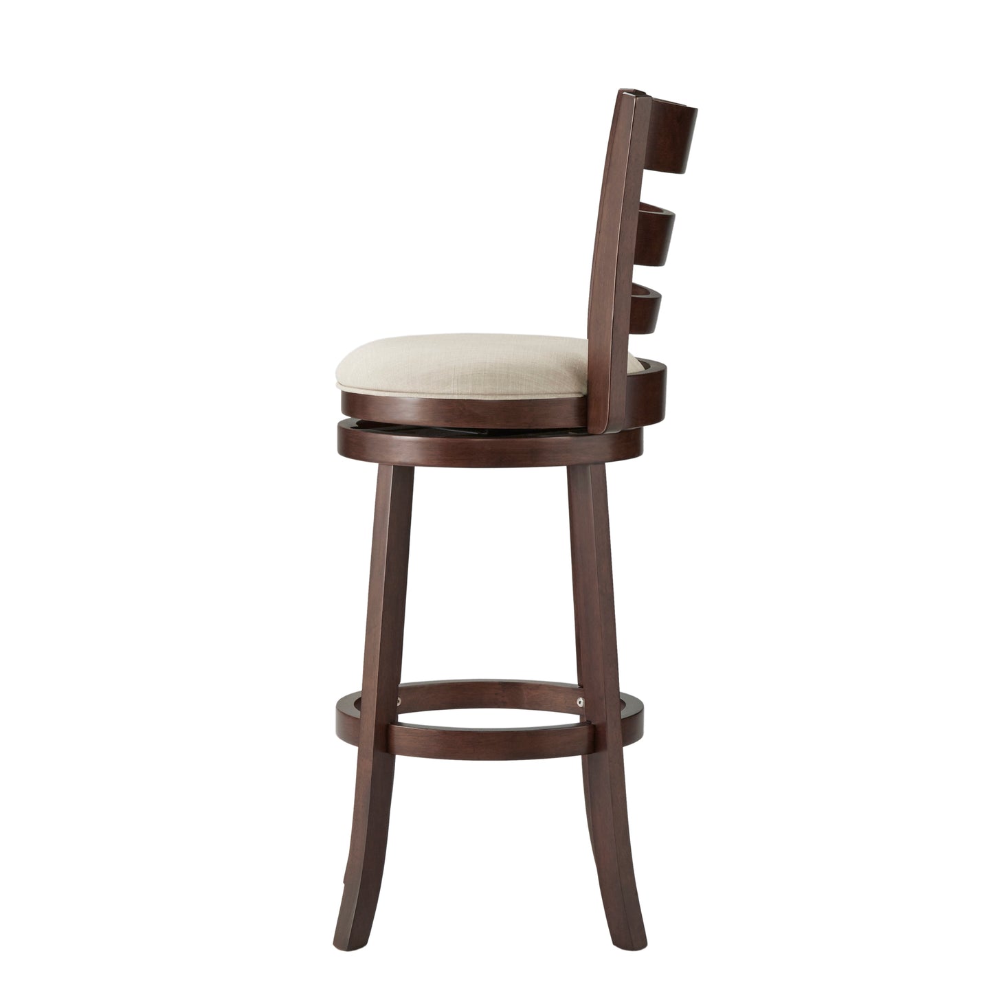 Ladder Back 29"H Swivel Bar Stool - Dark Cherry Finish, Beige Linen