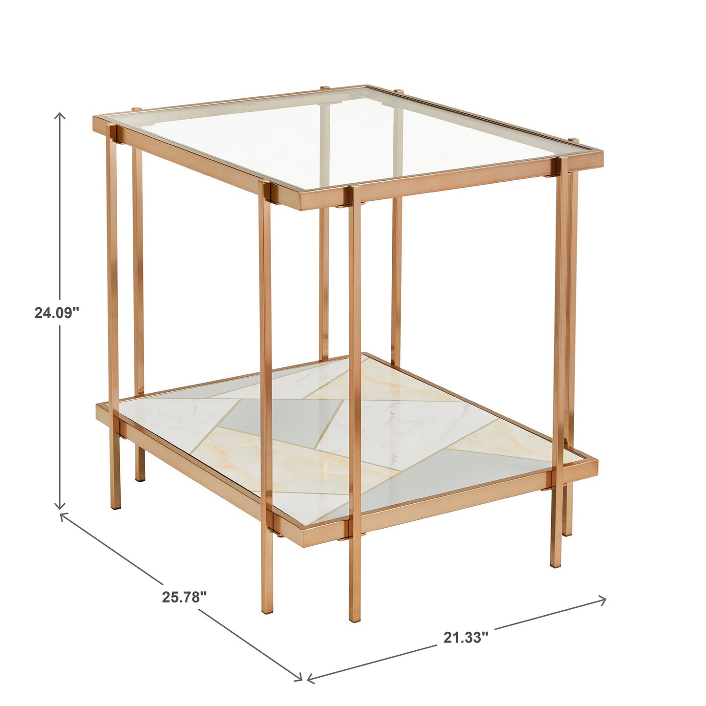 Champagne Gold Finish with Geometric Marble Pattern Glass End Table