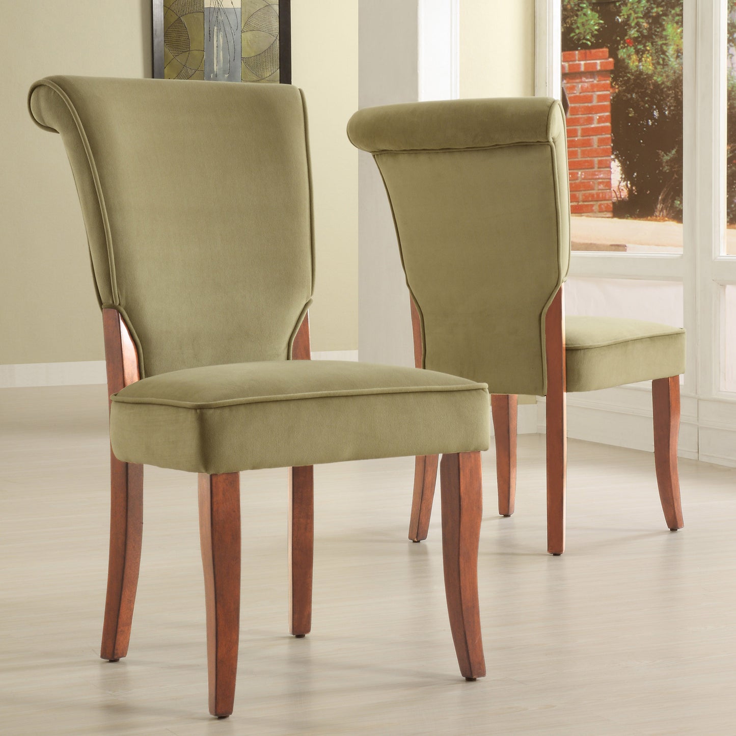 Velvet Upholstered Parsons Dining Chairs (Set of 2) - Cherry Finish, Olive Velvet