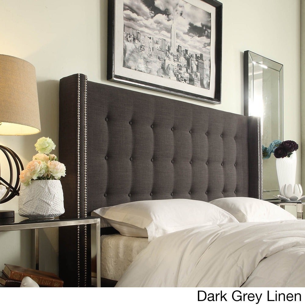 Nailhead Wingback Button Tufted Headboard - Dark Gray Linen, Queen