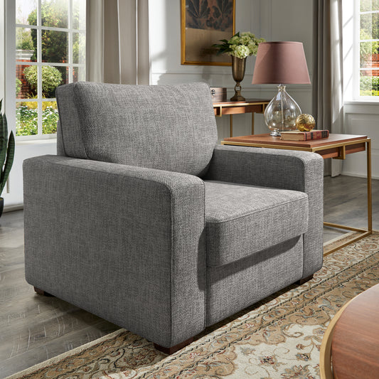 Modern Fabric Upholstered Square Arm Sofa - Living Room Chair, Gray Woven Fabric