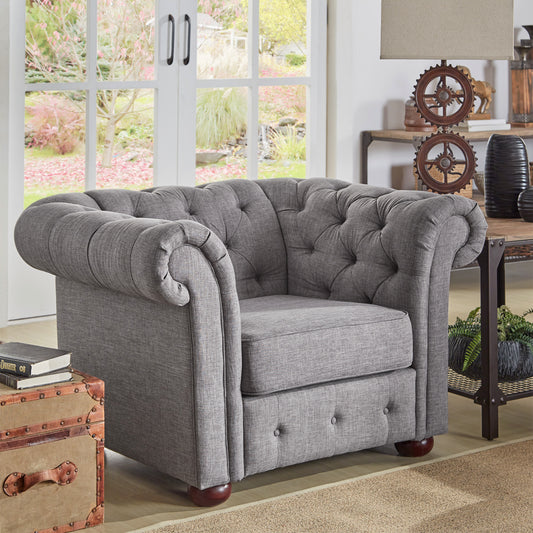 Tufted Scroll Arm Chesterfield Chair - Gray Linen