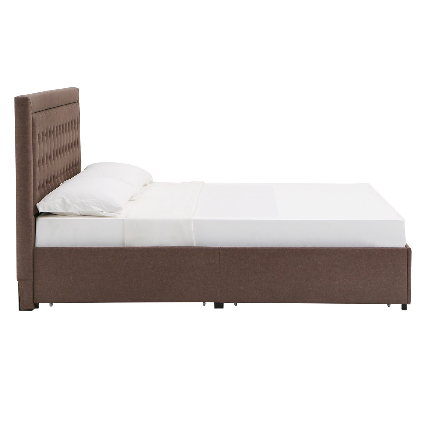 Tufted Linen Headboard Storage Platform Bed - Brown Linen, King (King Size)