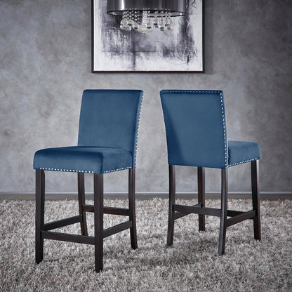 Nailhead Velvet Upholstered Chairs (Set of 2) - 24" Counter Height, Blue