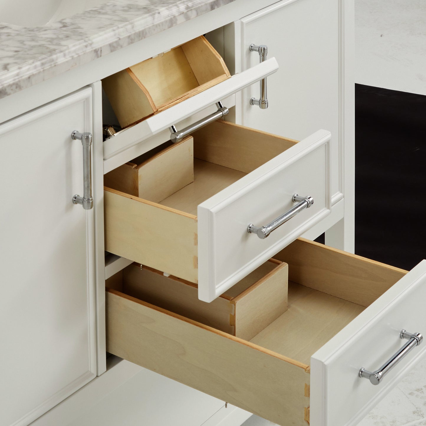 Bathroom Sink Vanity with White Marble Veneer Stone Top - 48", Single Sink, White with Chrome Finish Hardware