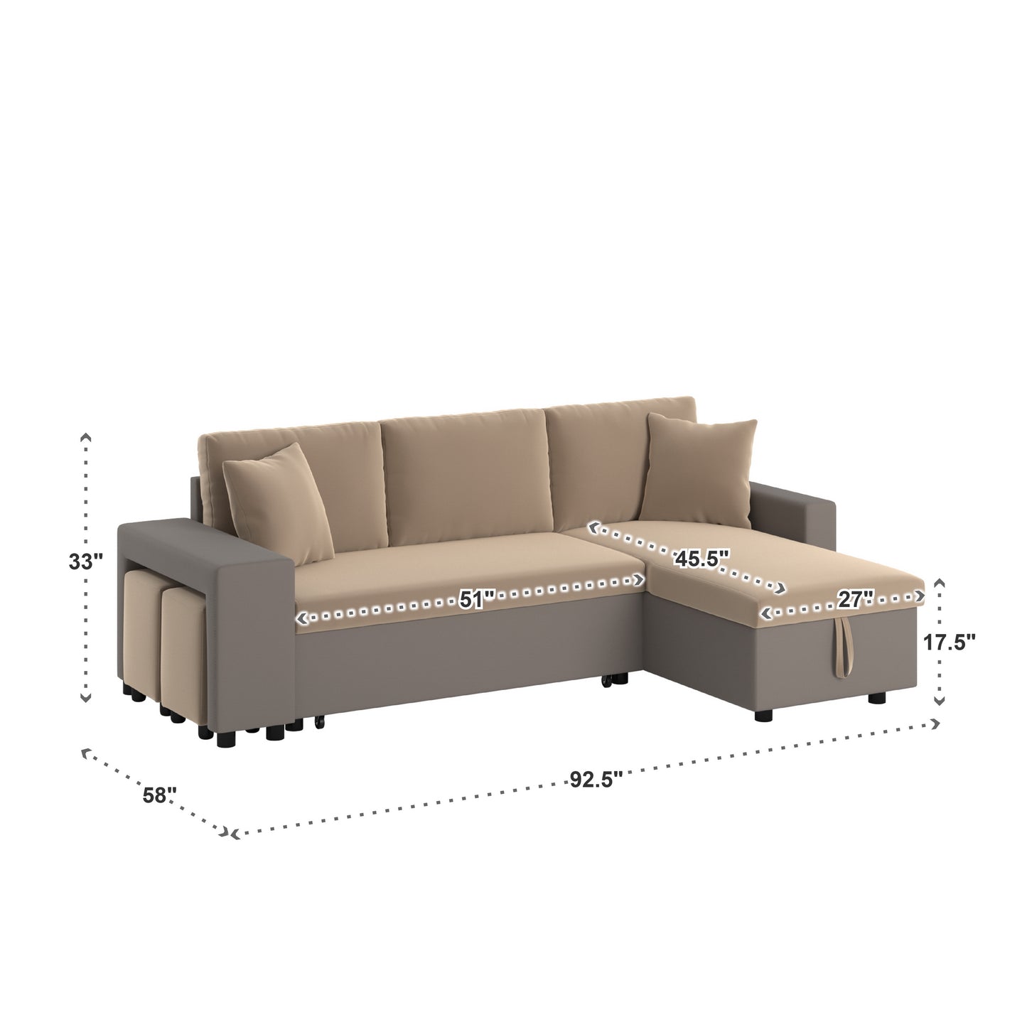 Multifunctional Two-Tone Fabric Convertible Chaise Sofa with Two Ottomans, Two Pillows, and Storage - Brown