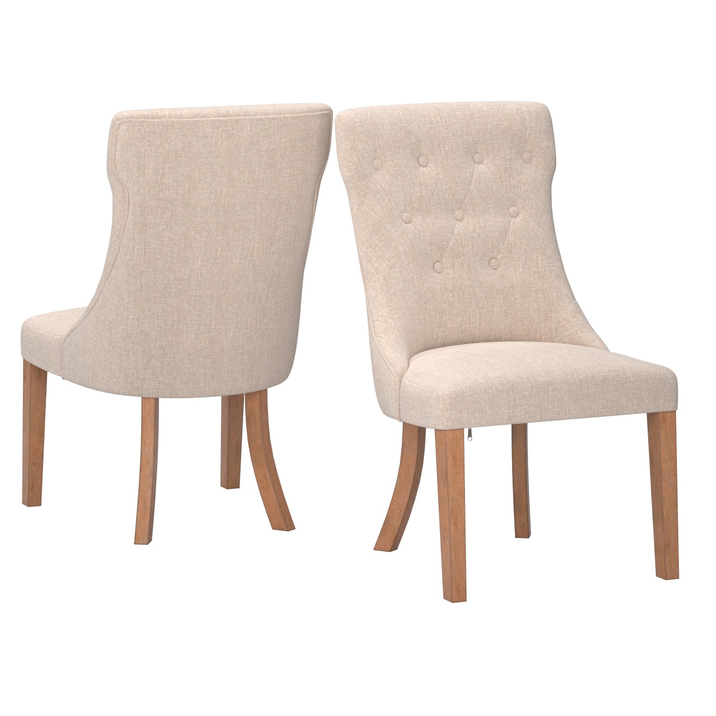 Button Tufted Dining Chairs (Set of 2) - Beige Linen, Natural Finish