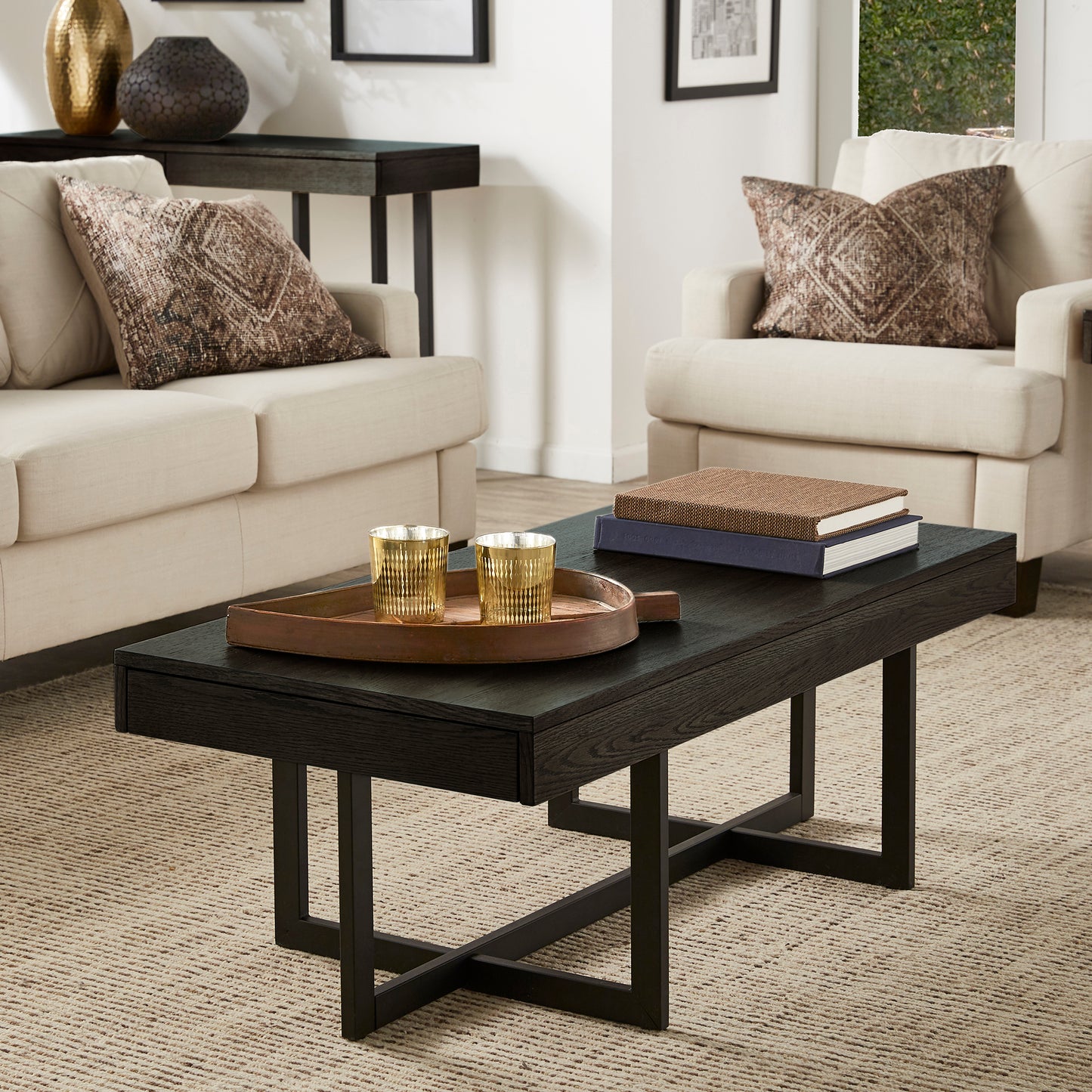 Wood Finish Tables with Drawers - Black Finish, Coffee Table Only