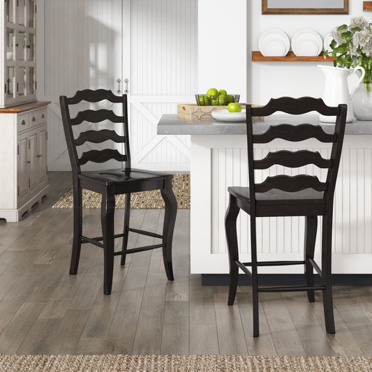 French Ladder Back Wood Counter Height Chairs (Set of 2) - Antique Black