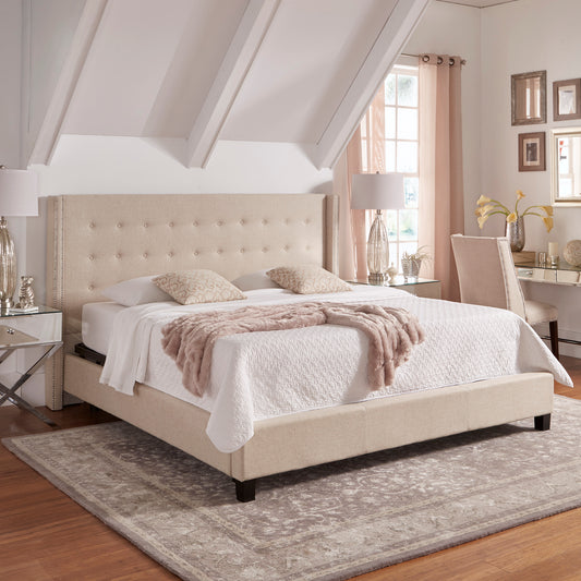 Nailhead Wingback Tufted Upholstered Platform Bed - Beige Linen, King Size