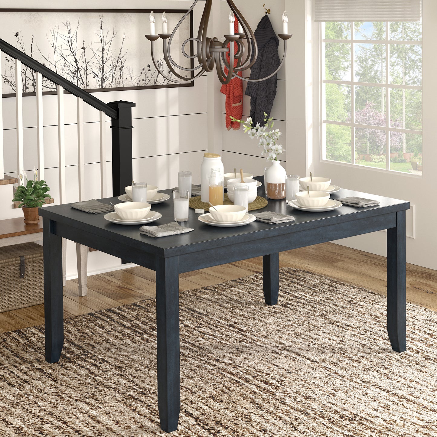 Solid Wood Rectangular Dining Table with Two Drawers - Antique Denim