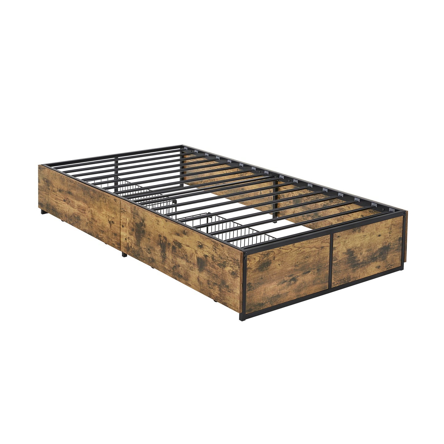 Wood Finish Panel Black Metal Platform Bed with Storage Drawers - Twin Size with 2 Wire Storage Drawers (Twin Size)