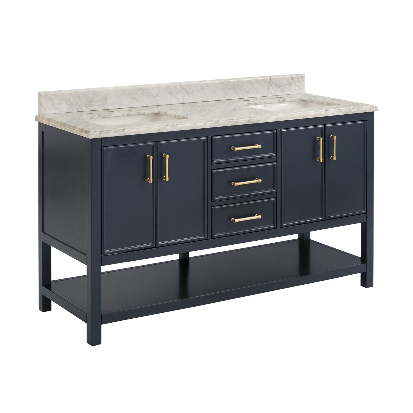 Bathroom Sink Vanity with White Marble Veneer Stone Top - 60", Double Sinks, Navy Blue with Gold Finish Hardware