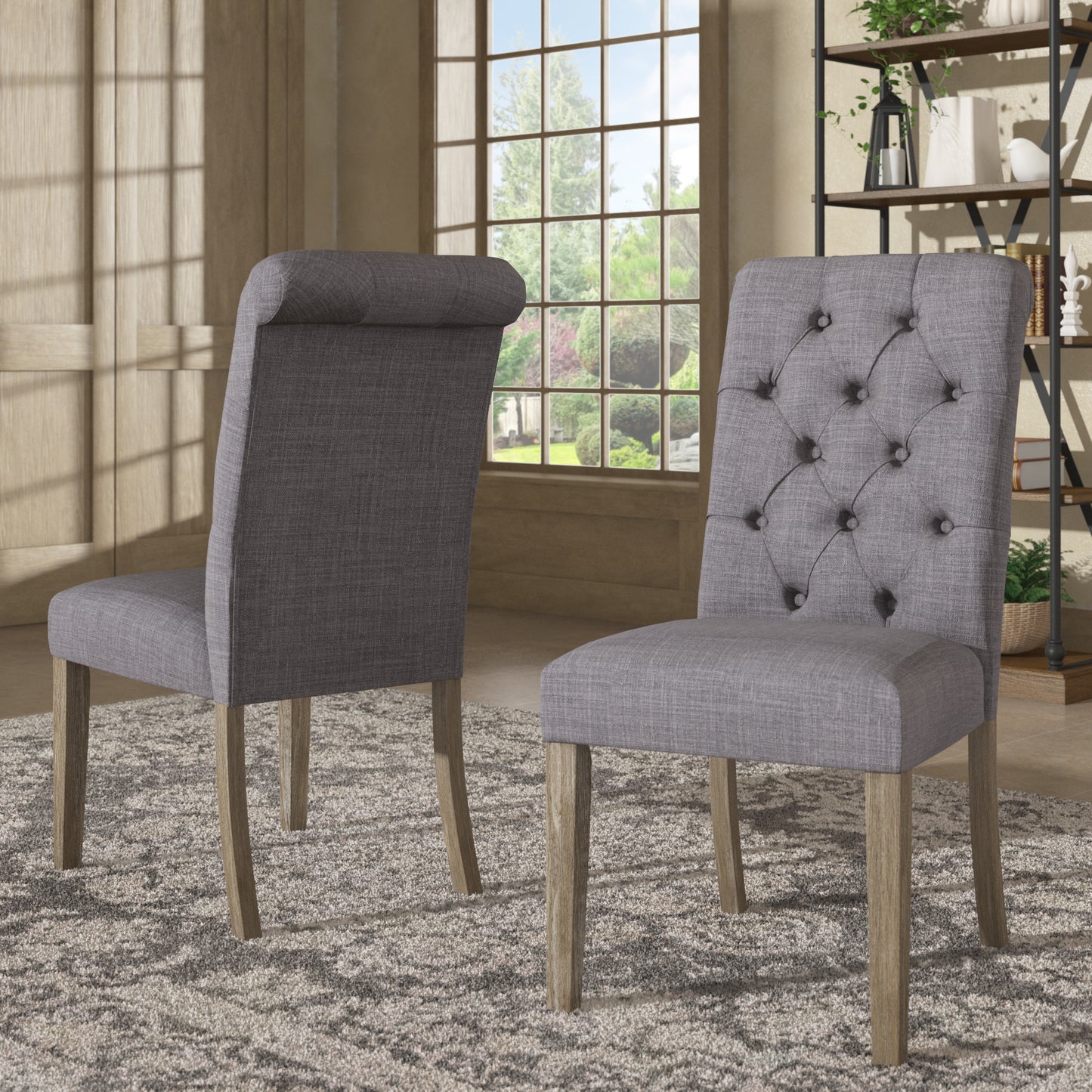 Tufted Rolled Back Parsons Chairs (Set of 2) - Gray Finish, Gray Linan