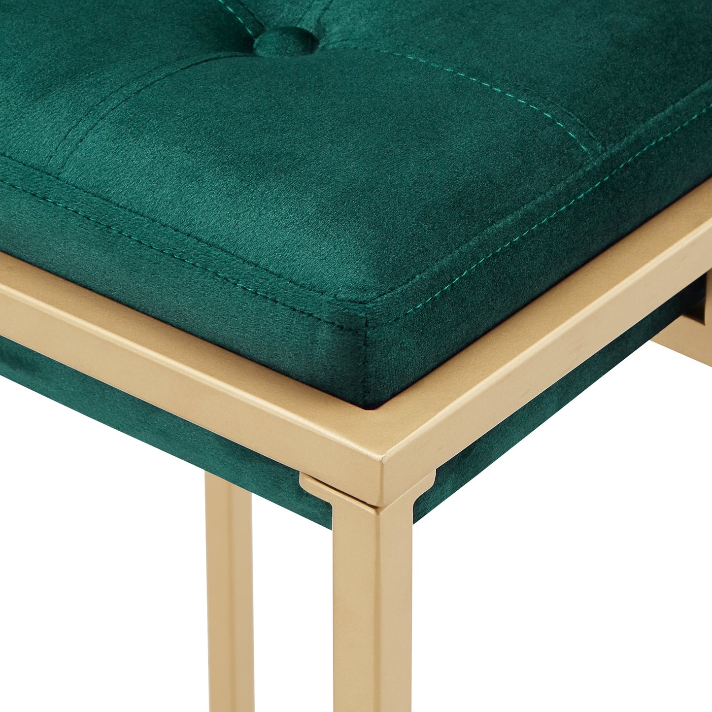 Gold Finish Velvet Button Tufted Bar Stools (Set of 2) - Dark Green, 24" Counter Height