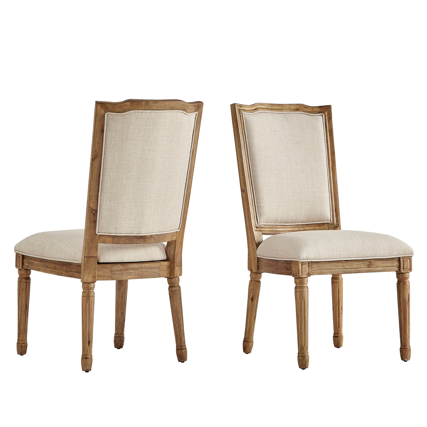 Ornate Linen and Wood Dining Chairs (Set of 2) - Beige Linen, Natural Finish