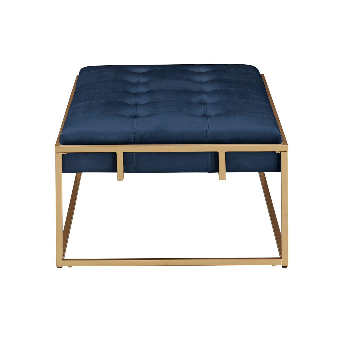 Gold Finish Velvet Button Tufted Rectangular Ottoman - Blue, Rectangular