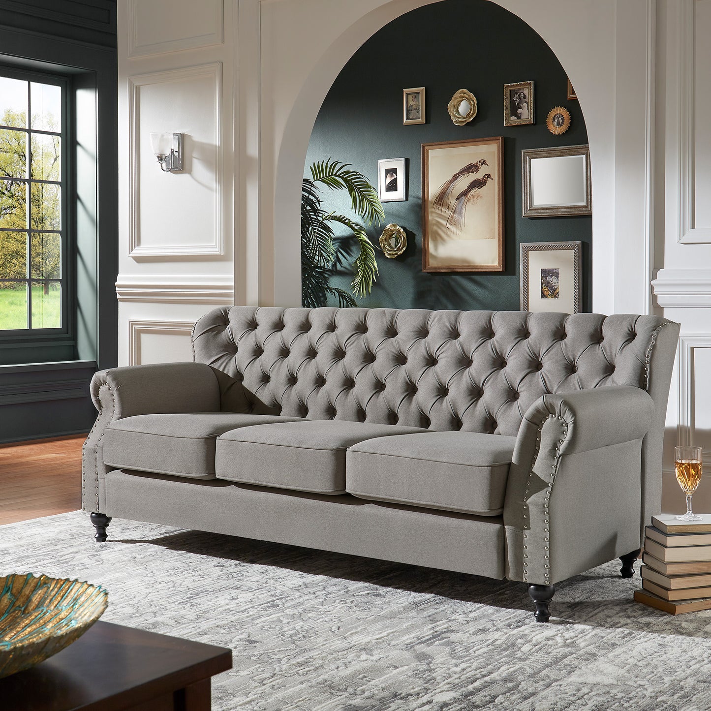 Gray Fabric Button Tufted Sofa with Nailhead Trim