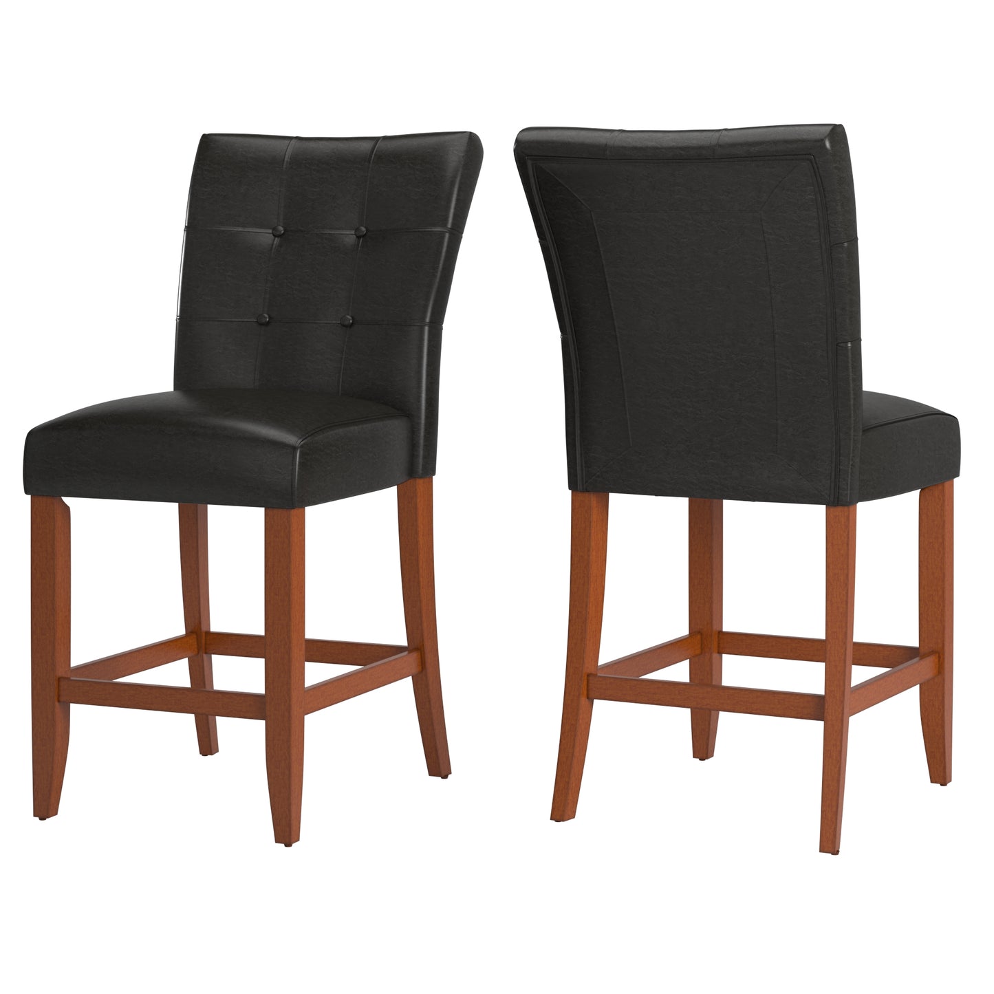 Tufted High Back Counter Height Stools (Set of 2) - Cherry Finish, Dark Brown Faux Leather