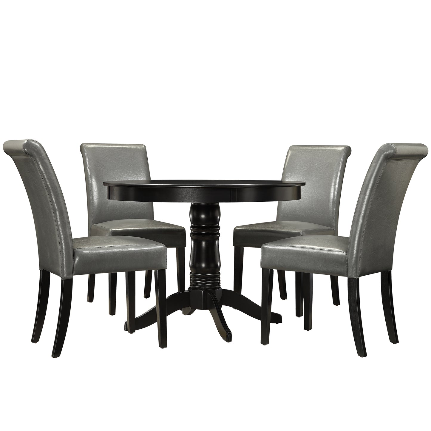 Faux Leather 5-Piece Dining Set - Gray Faux Laathar, Round Dining Tabla