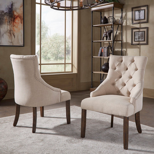 Linen Curved Back Tufted Dining Chairs (Set of 2) - Beige Linen