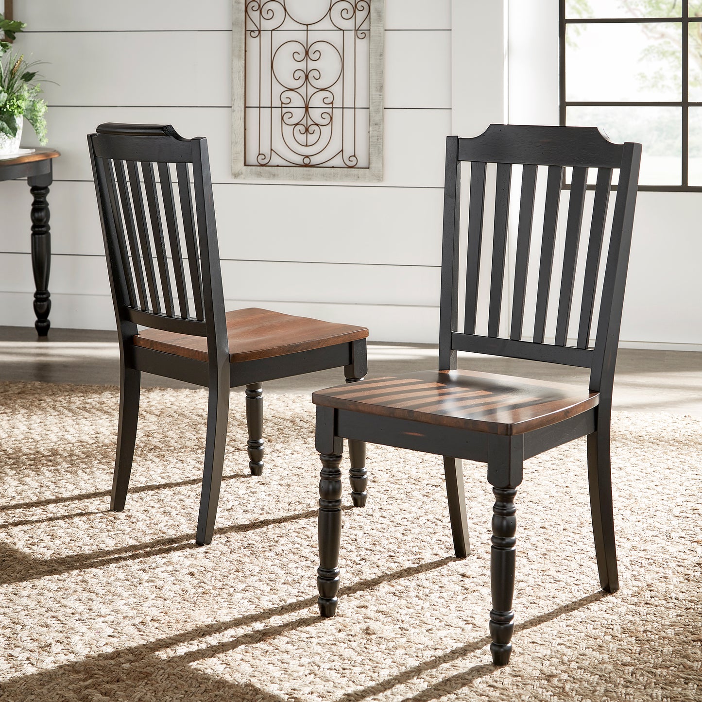 Two-Tone Antique Dining Chairs (Set of 2) - Antique Black, Slat Back