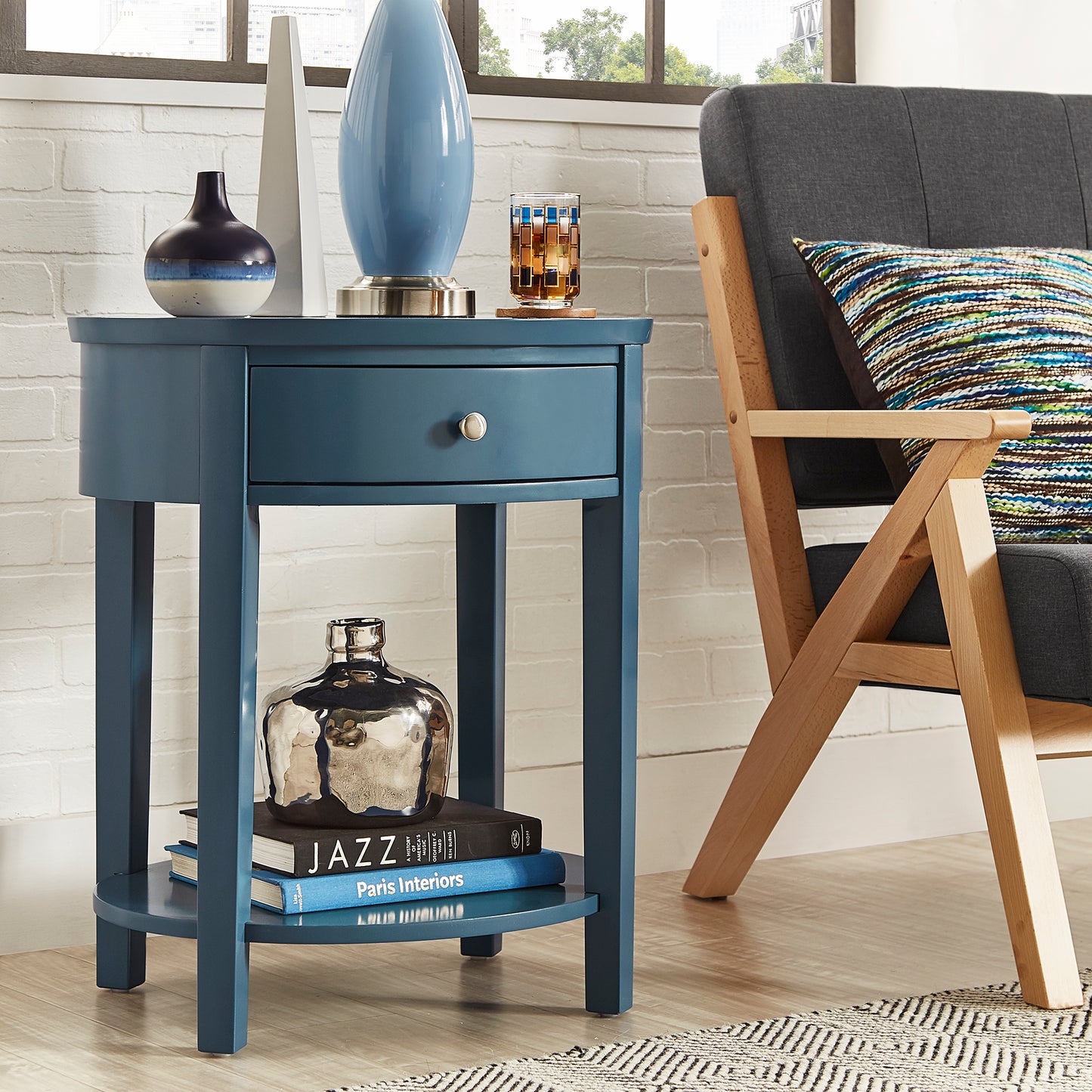 1-Drawer Oval End Table - Blue Steel