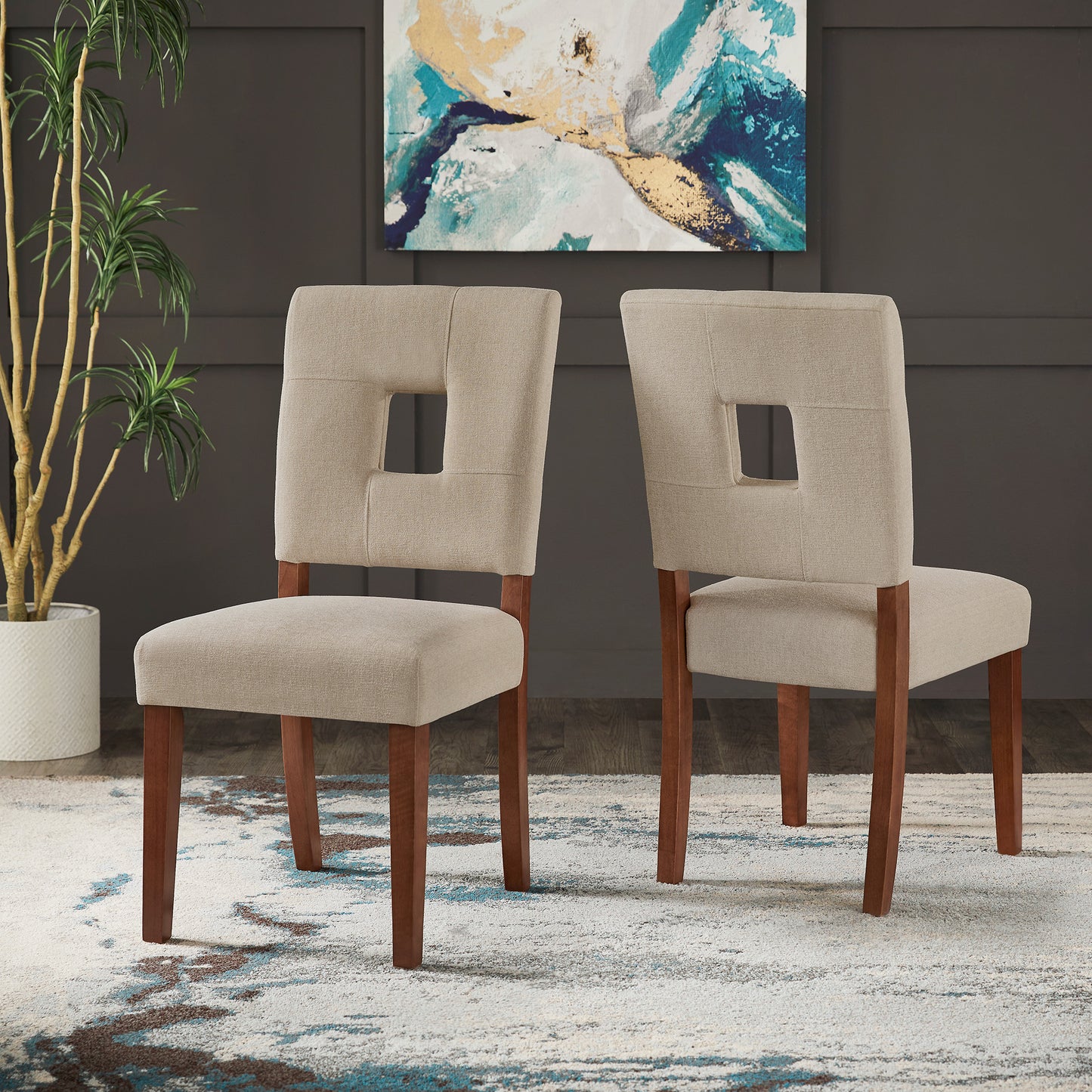 Upholstered Fabric Keyhole Dining Chairs (Set of 2) - Beige