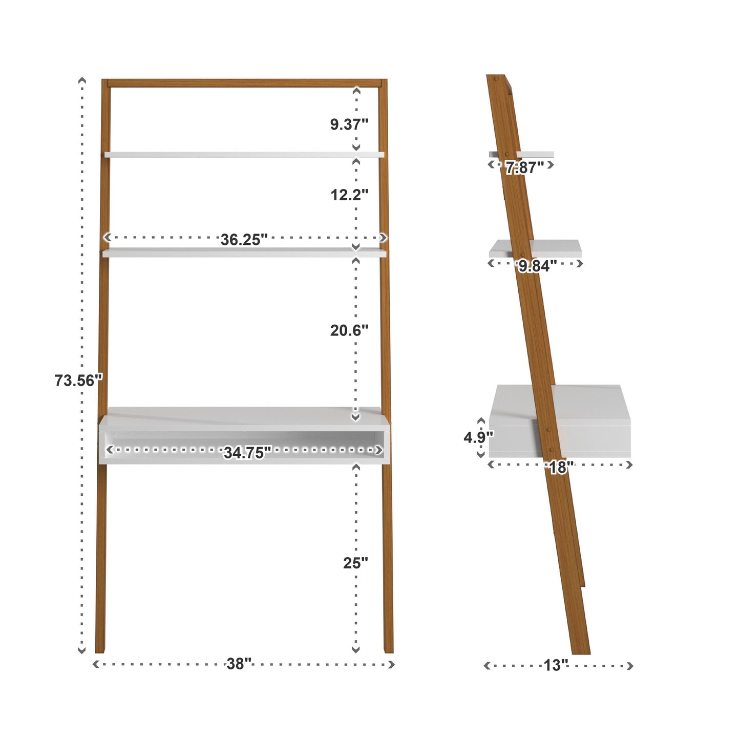 Two-Tone Leaning Ladder Desk and Bookcase Set - Natural and White Finish, 1 Desk and 2 Ladder Bookcases