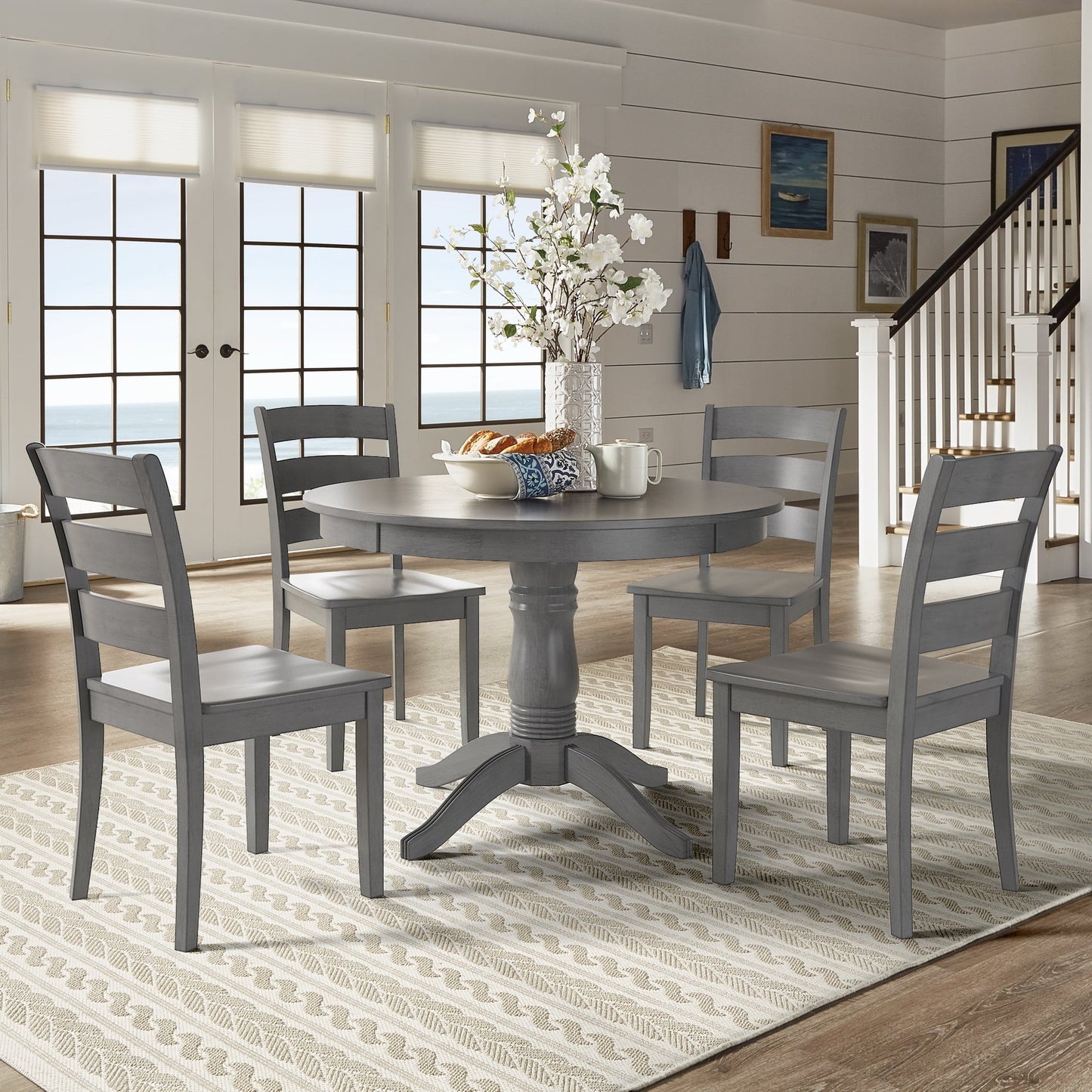 Round Pedestal Base 5-Piece Dining Set - Antiqua Gray Finish, Laddar Back