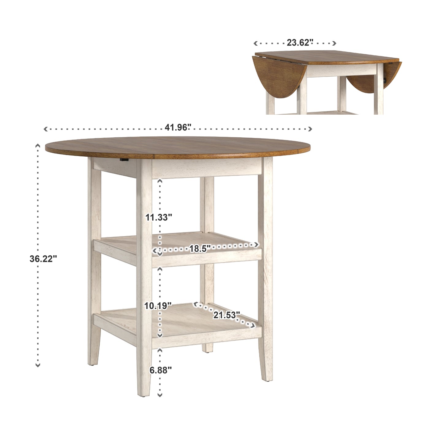 Antique Finish Drop Leaf Round Counter Height Dining Set - Antique White, Double X Back Chair, 3-Piece