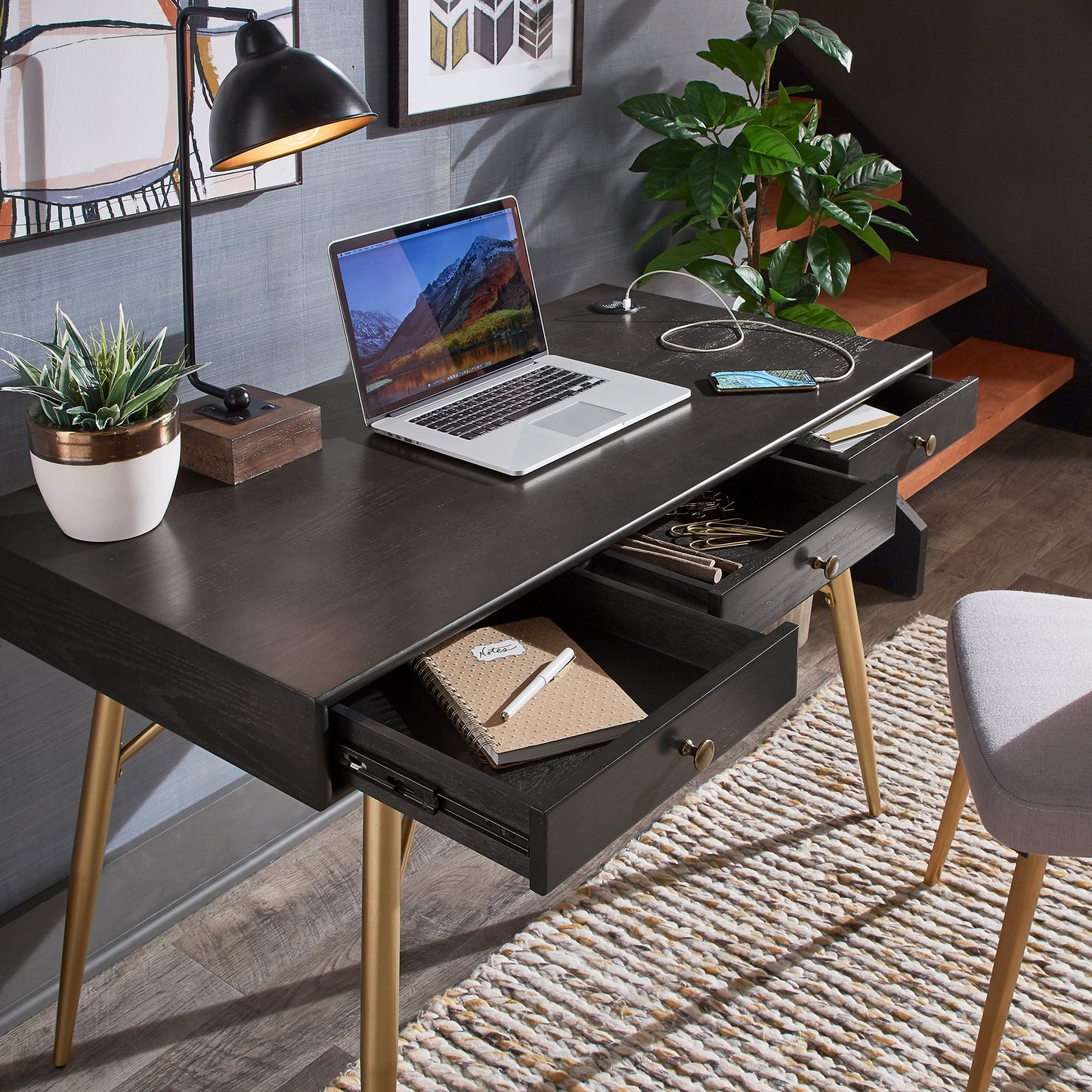 3-Drawer Writing Desk with Charging Station