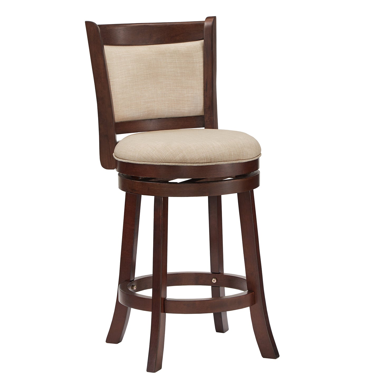 Upholstered Back Swivel Stool - 24" Counter Height, Cherry Finish, Beige Linen