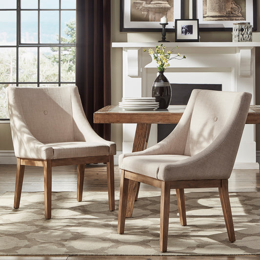 Button Tufted Slope Arm Linen Dining Chairs (Set of 2) - Beige Linen, Natural Finish