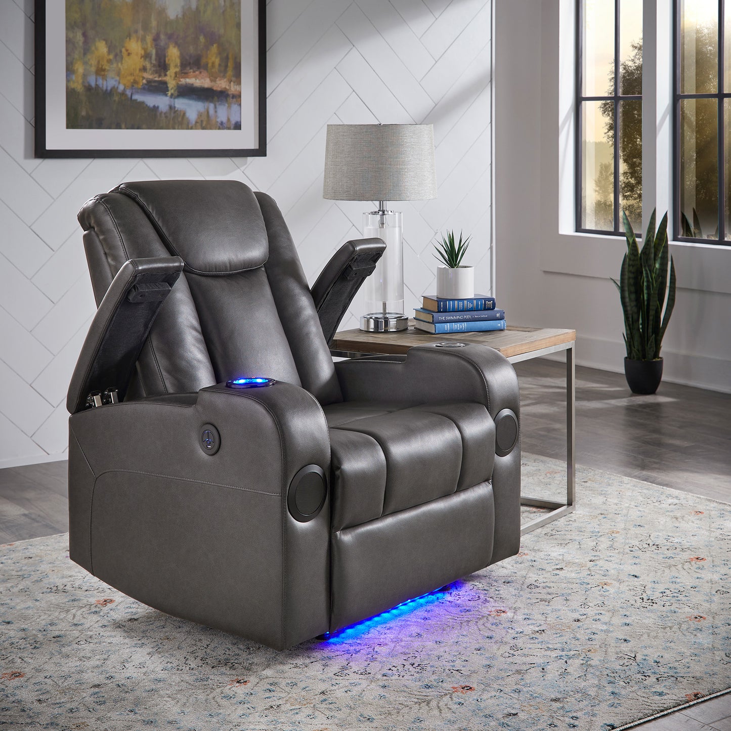 Gray Vegan Leather LED Power Recliner with Speaker, Storage, USB and Wireless Charger