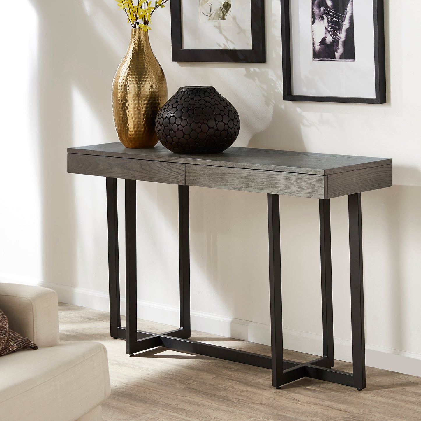 Wood Finish Sofa Table with Two Drawers - Gray Finish