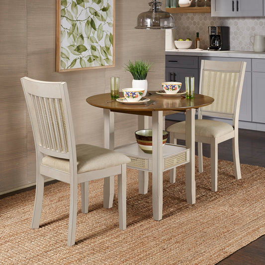 Cane Accent Dining - 2 - Person Set, Table with Slat Back Chairs, Oak and Antique White Finish, Beige Linen