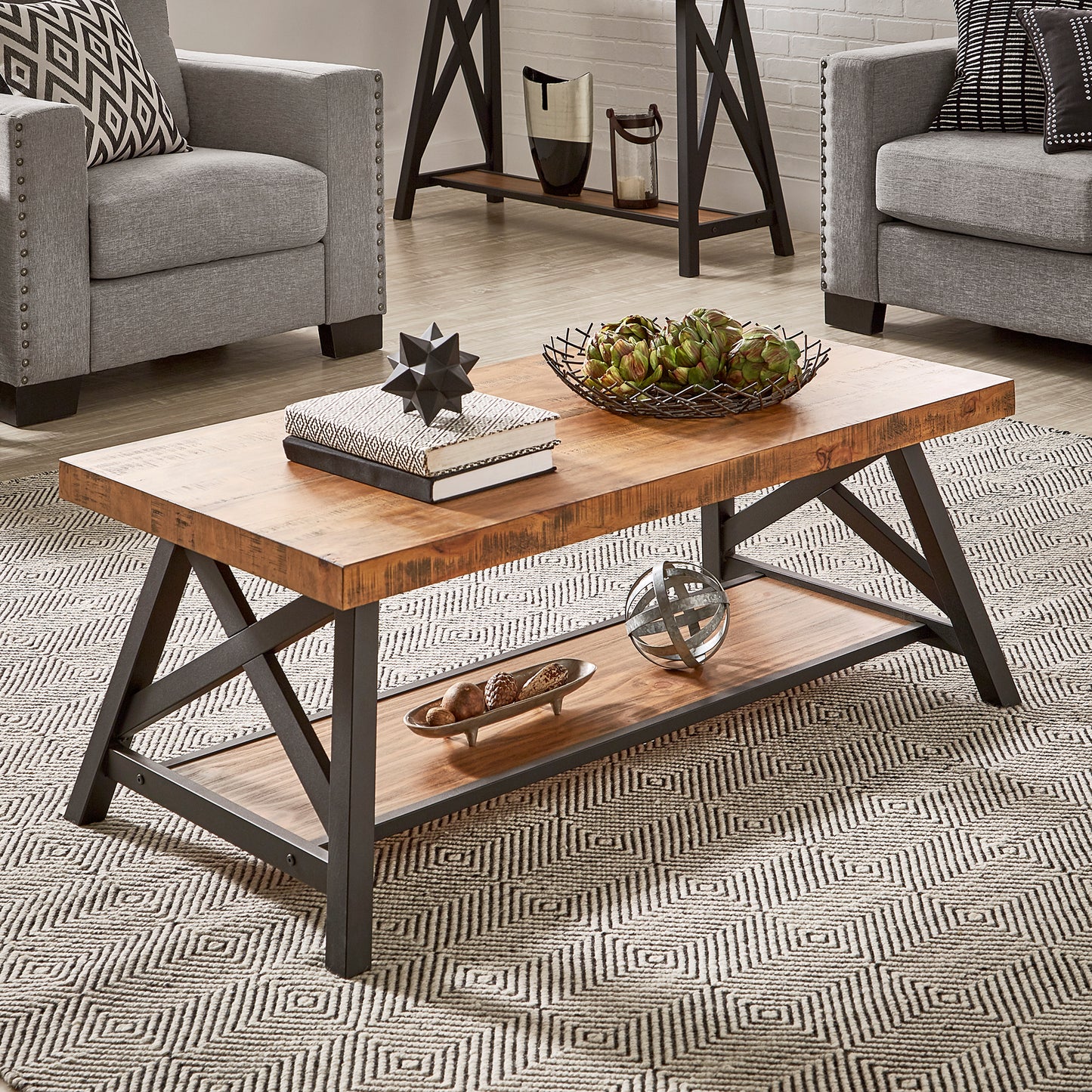 Rustic X-Base Accent Tables - Oak Finish, End Table, Coffee Table, and Sofa Table Set